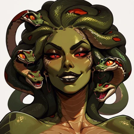 score_9, score_8_up, score_7_up, score_6_up, source_cartoon, black outlines, 1girl, portrait face, (close up:1.5), white background, simple background, gorgon, naga, snake girl, snake hair, black lips, green skin, red hair, smug expression, smirk. snake eyes, wide mouth, seductive, wide smile, red eyes, red snake hair, large mouth,