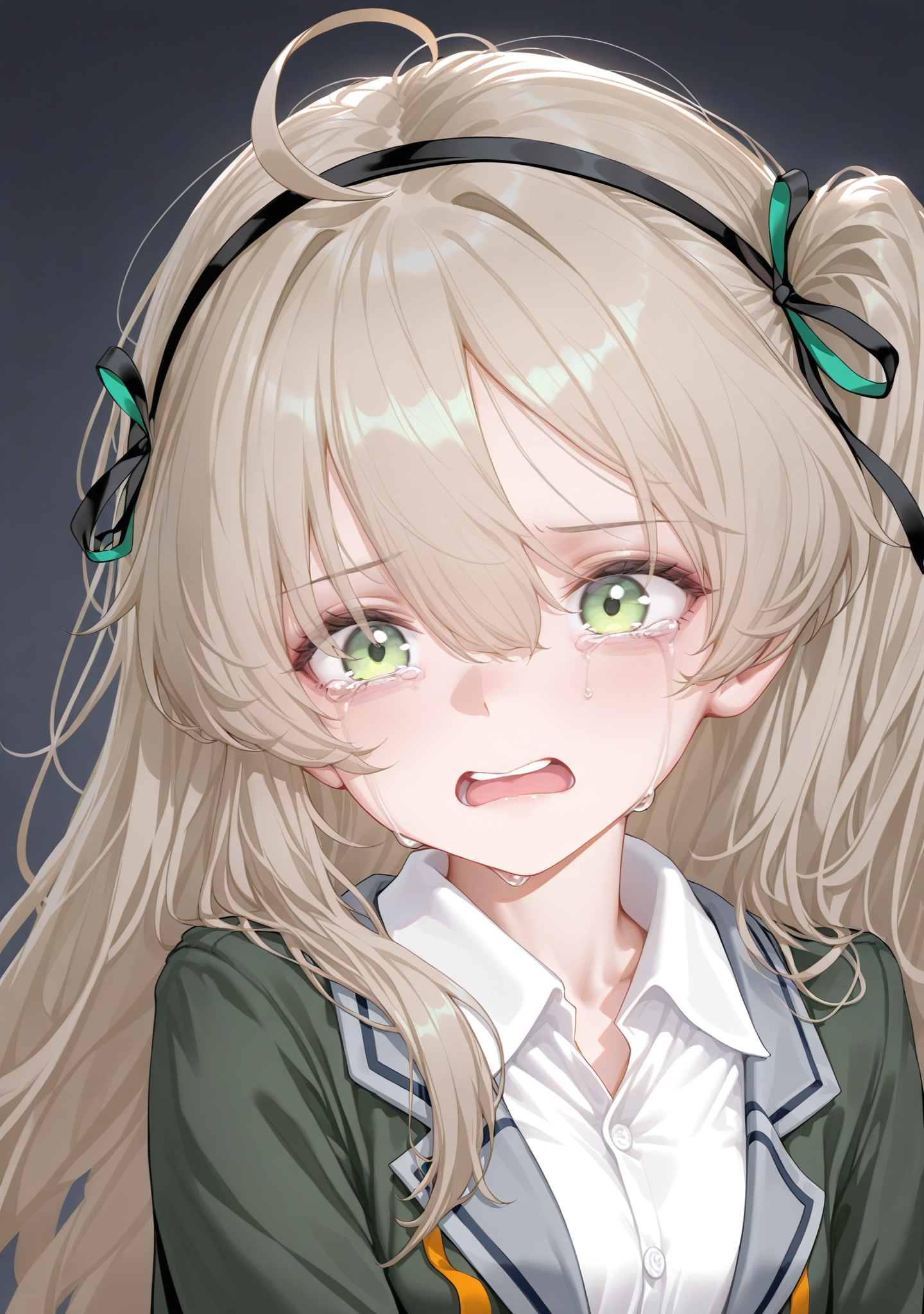 <lora:adelinestyle:1>,adelinestyle,
1girl,ahoge,bangs,bow,collared shirt,crying,crying with eyes open,green eyes,hair ribbon,jacket,long hair,open mouth,ribbon,shirt,solo,tears,upper body,