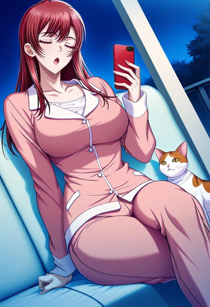 masterpiece, best quality, newest, highres, uncensored, 1girl, yokota mamoru style,1girl,
Aiba Sakura,Long Hair, Red Hair, Red Eyes,Slim
pajamas, phone, night, dutch angle, crossed legs, cat, bandages, sitting, short hair, closed eyes, open mouth