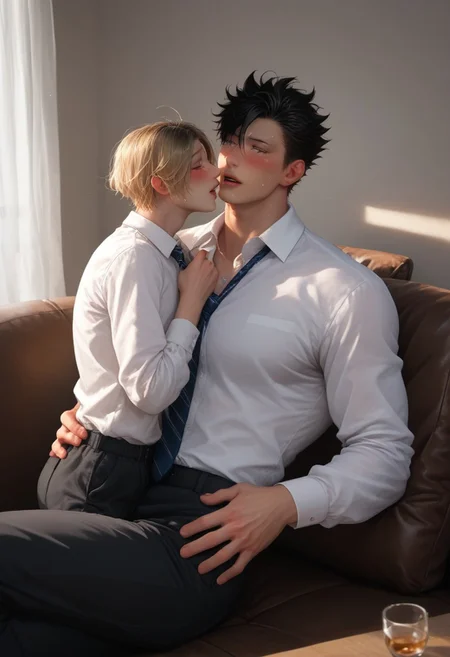 score_9, score_8_up, score_7_up, anime, ((2boys)), kuroo_x_kenma, multiple boys, yaoi, (( top short spiky black hair, bottom long blonde hair,)) toned male, kuroo as top, kenma as bottom, hung x twink, black eyes,
((bara, yaoi, duo((1man on 1boy, short black hair big dom, long blonde small sub)), manly dom)), muscular body, (((size difference))), arm behind head, five fingers hand, good arms, good face, open eyes, good eye, (masterpiece, best quality, best result), more object, (more hot), more details, (more passion),
hyper ((size difference)), yaoi, tall giant muscular man and skinny boy, hyper shaking, very cute boy, tiny, blondlust, large hand on belly, hand pressing into belly, blushing, worried, quivering,
Macro detailed realism style photograph, soft lighting, Expressiveh, ((sofa, white shirt, white collared shirt, ties, clothes pull, formal pants, long sleeves, college sweat after Quidditch game,)), restraining, open mouth, heavy breathing, soft bright lighting, (feminine
skinny short twink), masculine top