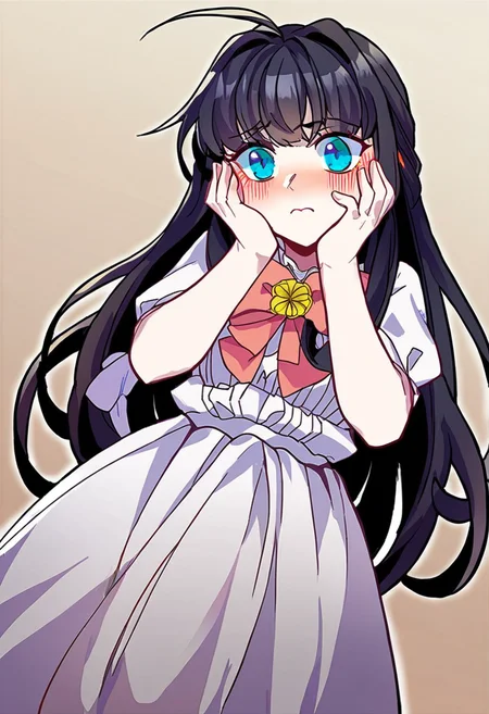 score_9,score_8_up,score_7_up,source_anime,zPDXL3,
*//*,<lora:BlancheFreidkin_v1.0:1.1>,blanche_freidkin1girl,blue eyes,black hair,long hair,hair intakes,ahoge,white dress,bow,
*//*,upper body,dutch angle,hands on own cheeks,blush,