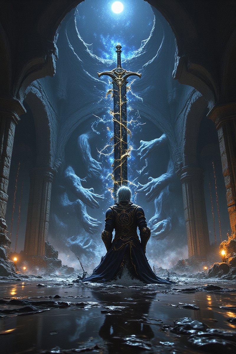 fg,fg,LYSSJ,Gothic dark fantasy artwork,inspired by Artorias the Abysswalker:,
Silver-haired knight kneeling in fractured dimension,
Black iron armor engraved with celestial constellations in gold,
Moonlight Greatsword shattering into crystalline fragments,
Ghostly hands emerging from spatial rifts,
Environment:,
Mirror-**** floor reflecting inverted cathedral ruins,
Suspended gravity-defying stone arches with broken chains,
Distortions revealing cosmic void through reality cracks,
Effects:,
Cold blue moonlight vs warm candlelight color conflict,
Glass shard particle system refracting dual light sources,
Wet surface reflections on polished obsidian floors,