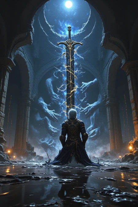 fg,fg,LYSSJ,Gothic dark fantasy artwork,inspired by Artorias the Abysswalker:,
Silver-haired knight kneeling in fractured dimension,
Black iron armor engraved with celestial constellations in gold,
Moonlight Greatsword shattering into crystalline fragments,
Ghostly hands emerging from spatial rifts,
Environment:,
Mirror-**** floor reflecting inverted cathedral ruins,
Suspended gravity-defying stone arches with broken chains,
Distortions revealing cosmic void through reality cracks,
Effects:,
Cold blue moonlight vs warm candlelight color conflict,
Glass shard particle system refracting dual light sources,
Wet surface reflections on polished obsidian floors,