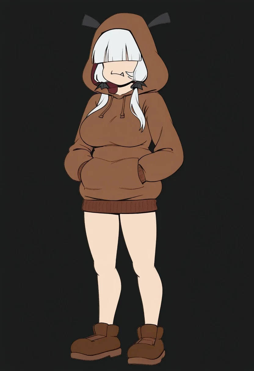 masterpiece, best quality, amazing quality, very aesthetic, absurdres, solo, 1girl, full body,
solo , chill pose, standing,hands in hoodie pockets, neutral, uninterested, petite, looking at viewer,
<lora:TMoStH-Illustrious:0.9> tmosth, flat color, black shading, sloppy coloring, hatching \(texture\), \(mario series\), goomba_gal, hoodie, large breasts, hoodie overhang, fang, hair over eyes, black eyes