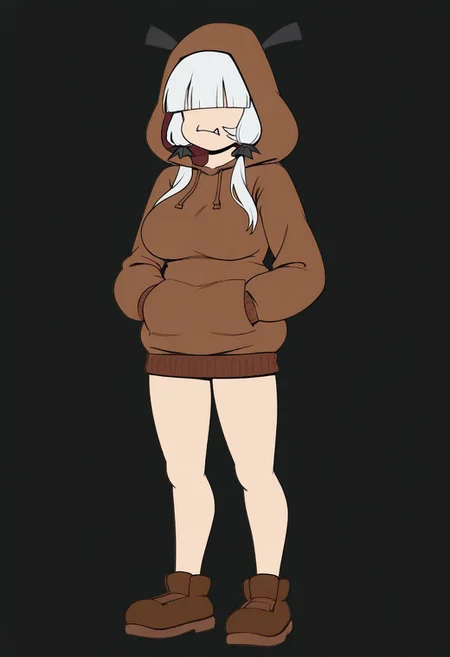 masterpiece, best quality, amazing quality, very aesthetic, absurdres, solo, 1girl, full body,
solo , chill pose, standing,hands in hoodie pockets, neutral, uninterested, petite, looking at viewer,
<lora:TMoStH-Illustrious:0.9> tmosth, flat color, black shading, sloppy coloring, hatching \(texture\), \(mario series\), goomba_gal, hoodie, large breasts, hoodie overhang, fang, hair over eyes, black eyes