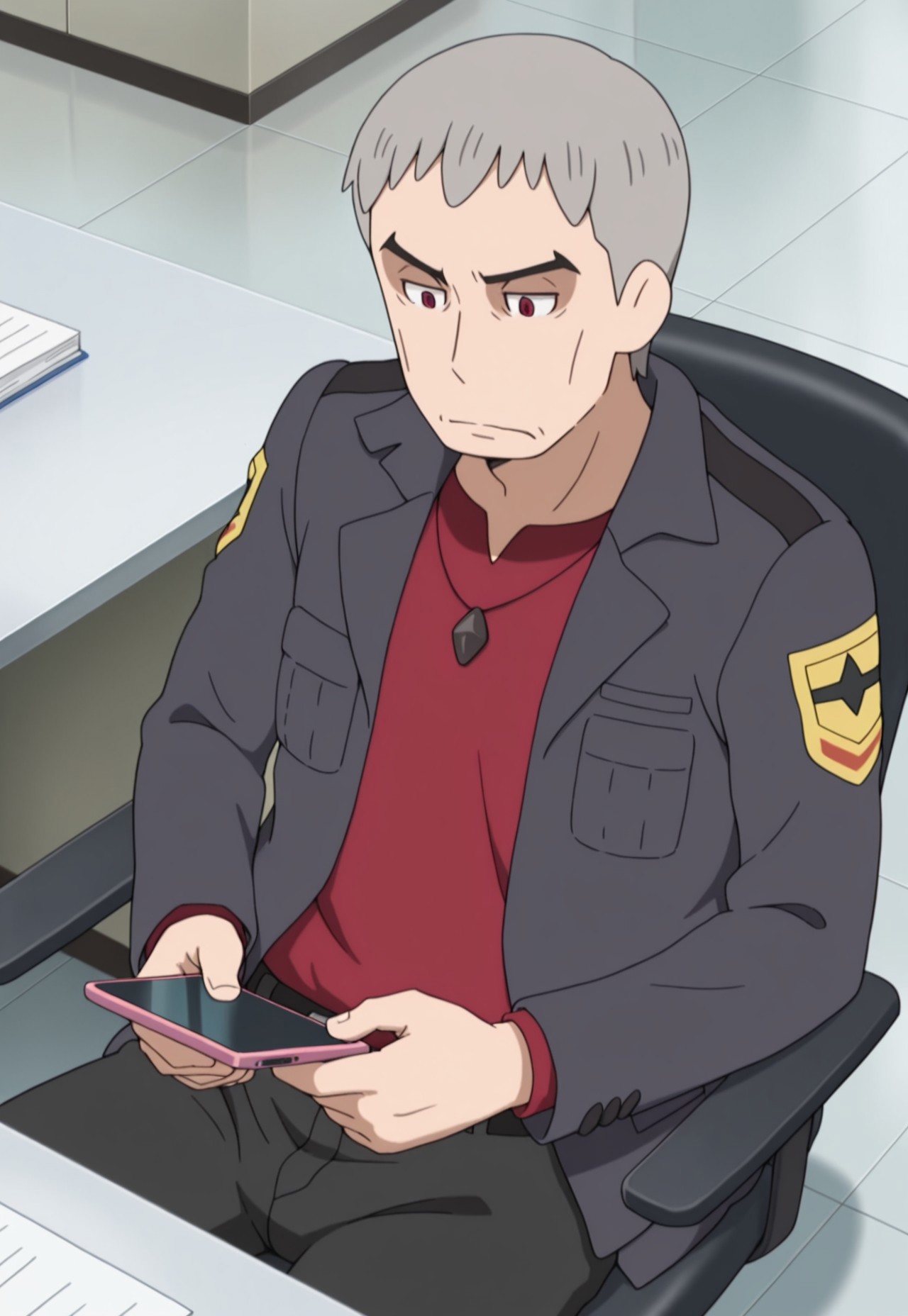 solo, masterpiece, modern, new, 1boy, male, masculine face, daddy looking face,

PokemonNanu, grey hair, red shirt, black jacket, necklace, red eyes, sitting down, office, holding phone, pants