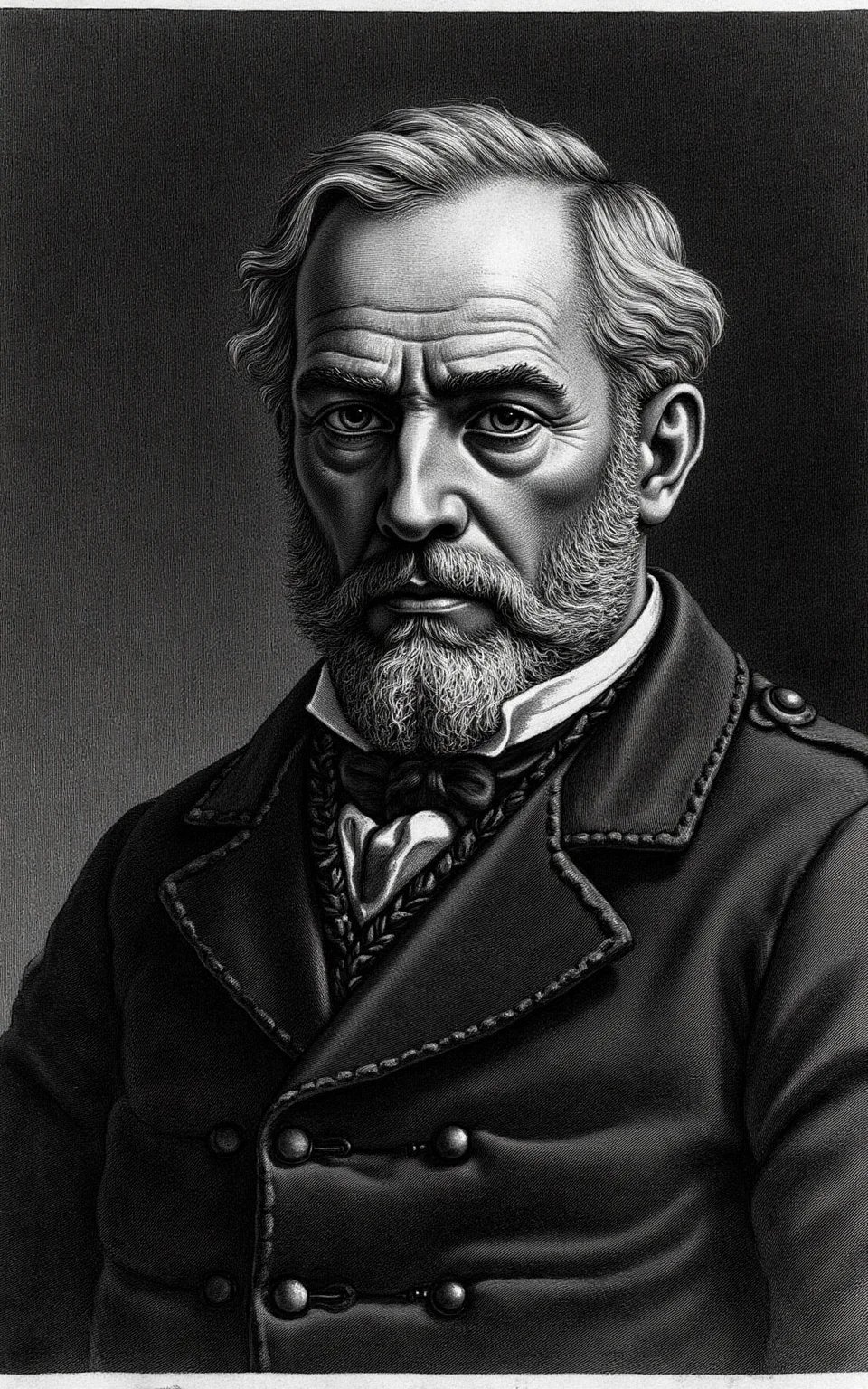 YFG-Pira, Generate an image in the style of 18th-century Italian etchings by Giovanni Battista Piranesi, specifically focusing on a medium-to-close range shot of a sternly contemplative middle-aged man with deep-set eyes and prominent nose, his facial skin rendered with textured, cross-hatched lines, his graying hair mussed and unkempt, set against a stark, atmospheric background with subtle suggestions of a dimly lit interior, perhaps a study or library.