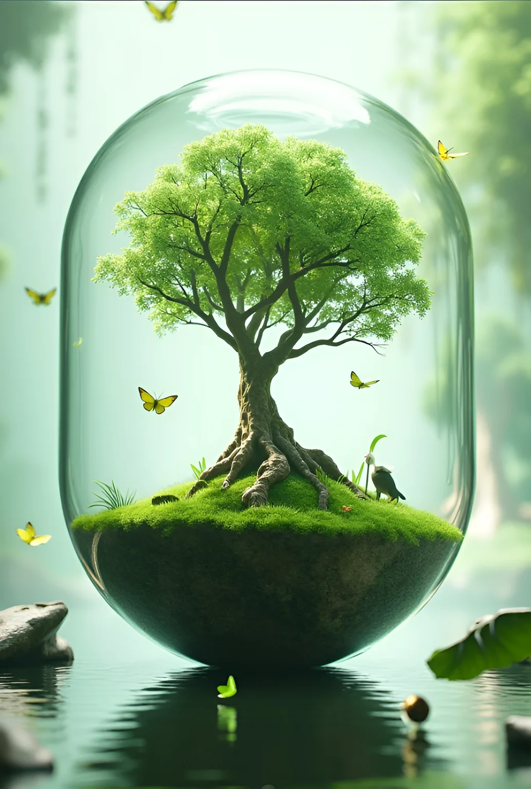 3D Render Style, bug, tree, butterfly, reflection, water, outdoors, grass, blurry, nature, animal, scenery, day, depth_of_field, bird