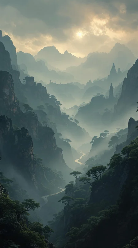 Incredibly beautiful, breathtaking landscape. Desktop wallpaper. limited dark palette, unusual dark colors, faded colors, atmospheric haze, highly dramatic cinematic lighting, film grain, professional, superb composition, fine detail, maximum detail, extreme level of detail, masterpiece, best quality