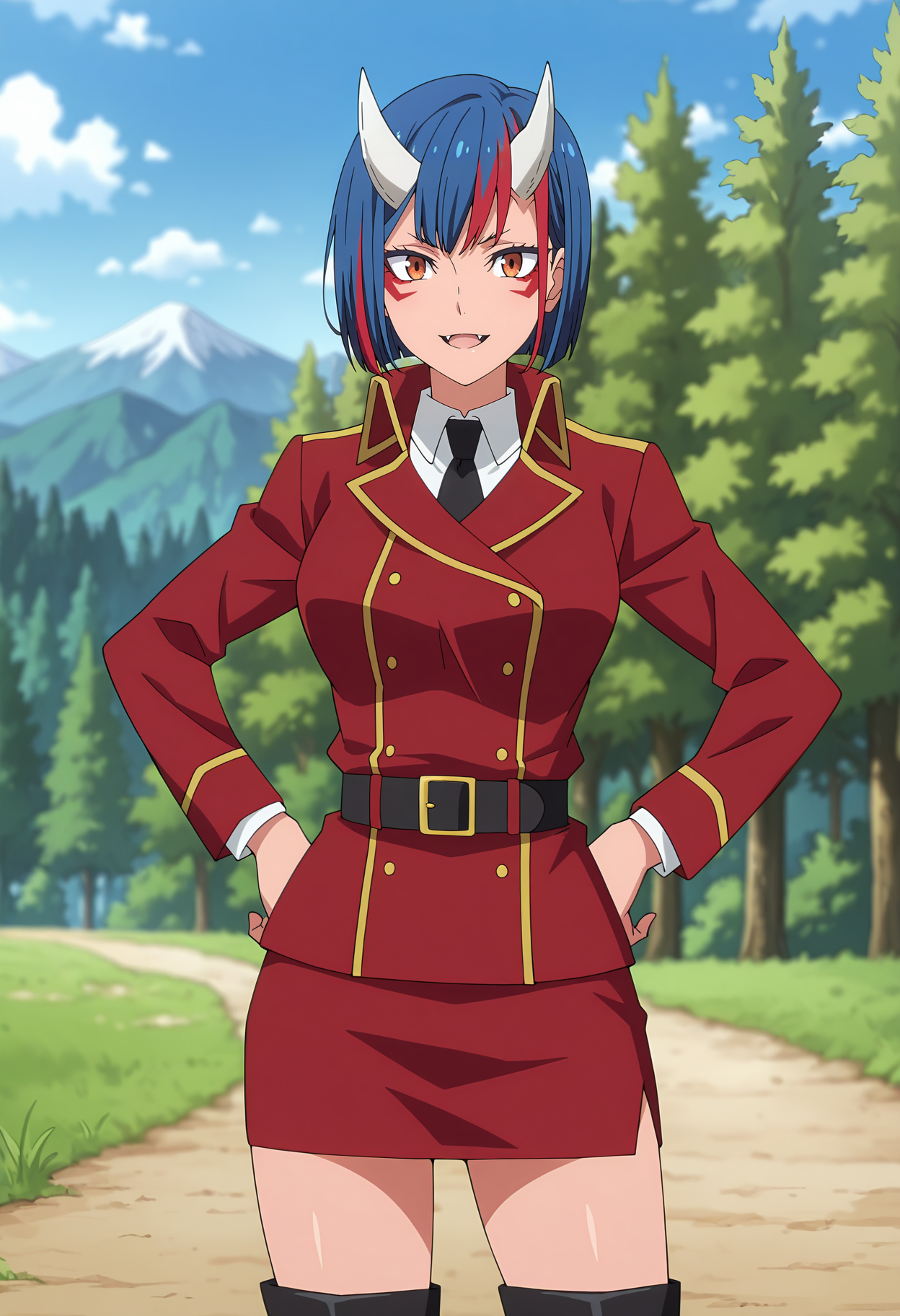 anime screencap, masterpiece, best quality,
<lora:TenSura_Gobwa_IlluXL:0.9>,
1girl, solo, open mouth, light smile,
short hair, streaked hair, blue hair, orange eyes, white horns, facial mark, fangs,
red coat, white shirt, black necktie, pencil skirt, red skirt, black belt, thigh boots, black footwear,
standing, hands on own hips, looking at viewer, cowboy shot, 
blurry background, outdoors, mountainous horizon, forest, blue sky