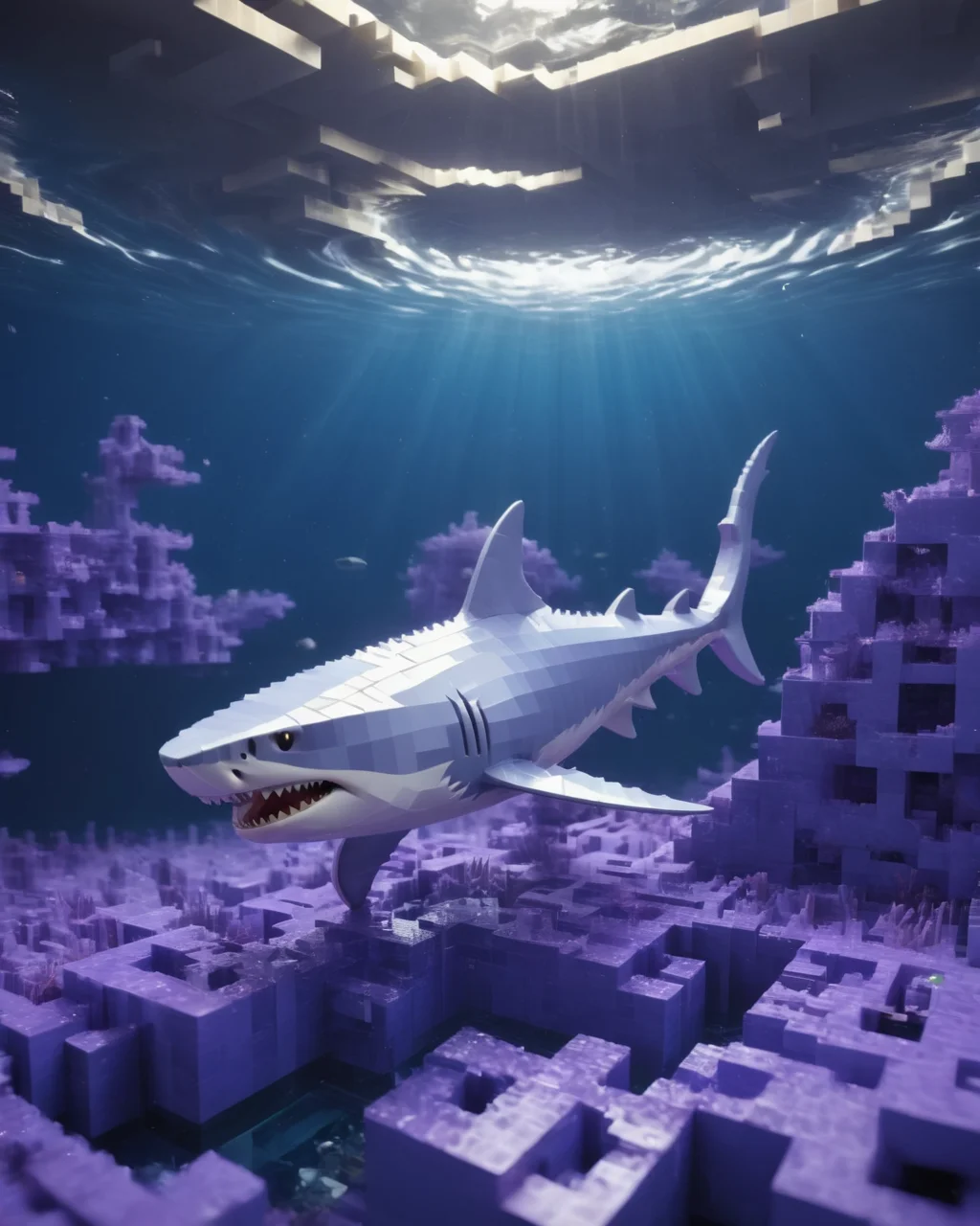((best quality)),(masterpiece),shark,awardwinning,Psykadelicwoxel3d,made of voxels, <lora:Psykadelicwoxel3d-step00000350:1>,scenery in the background,underwater