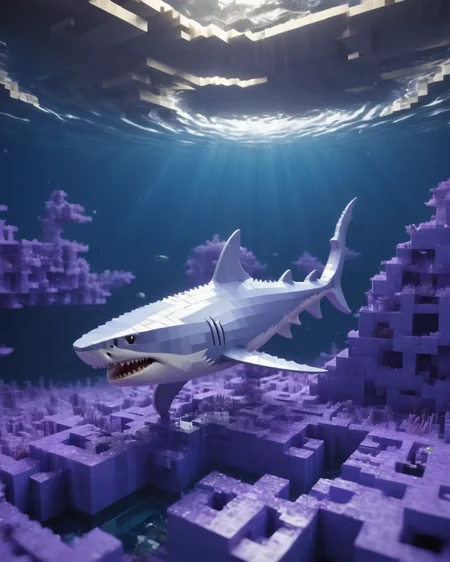 ((best quality)),(masterpiece),shark,awardwinning,Psykadelicwoxel3d,made of voxels, <lora:Psykadelicwoxel3d-step00000350:1>,scenery in the background,underwater