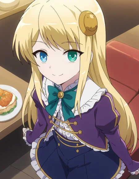 score_9, score_8_up, score_7_up, source_anime, <lora:yumina-belfast-urnea-s2-ponyxl-lora-nochekaiser:1>, yumina belfast urnea, long hair, blue eyes, blonde hair, hair ornament, green eyes,, skirt, thighhighs, purple sleeves, frills, white skirt, skirt, blue skirt, frilled skirt, bowtie, green bowtie, frilled center, restaurant, laughter, good food, warm lighting, celebration, smile, from above,, looking at viewer, solo,, dutch angle, cowboy shot