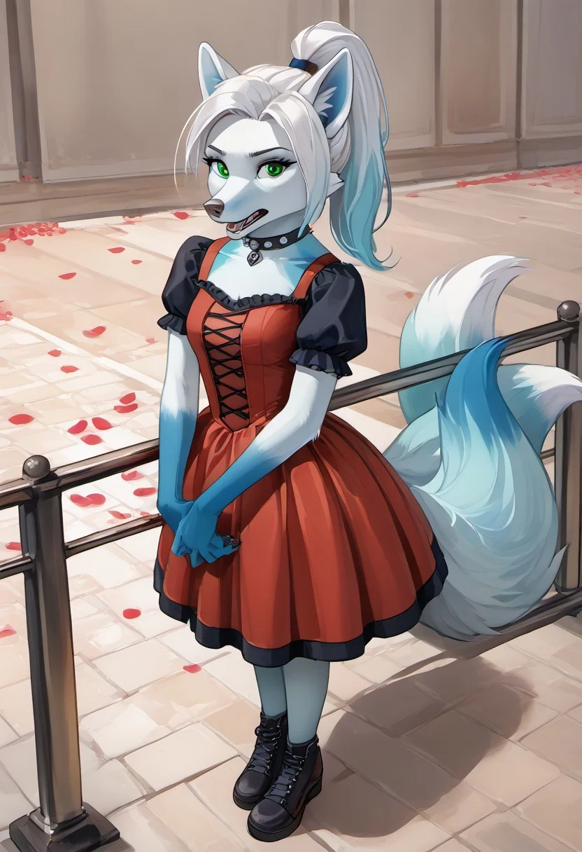 The furry arctic fox (turquoise (#30d5c8) fur) has turquoise colored fur all over its body, with white hair pulled back in a ponytail and green eyes, the female. The emphasis is on the face, a well-developed face, well-developed hands, well-developed legs. Dressed in a gothic red dress. It stands on a pedestal. He stands controlling the blue flame. The petals of the flame are woven into the fur. The darkness is all around. View from above.