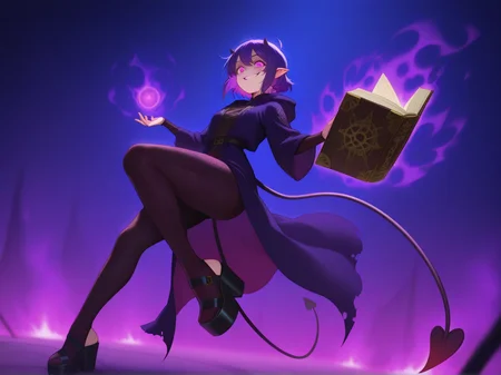 1girl, succubus, short violet hair, purple eyes, elf ears, demon tail, small horns, enchanted runes, glowing tattoos, sheer sorceress robe, lace bodysuit, thigh slit, arcane jewelry, levitating grimoire, glowing eyes, smirking, magic aura, confident pose, platform heels, nightclub spell effect
 <lora:DarkfireKans3n_v2Final:1>