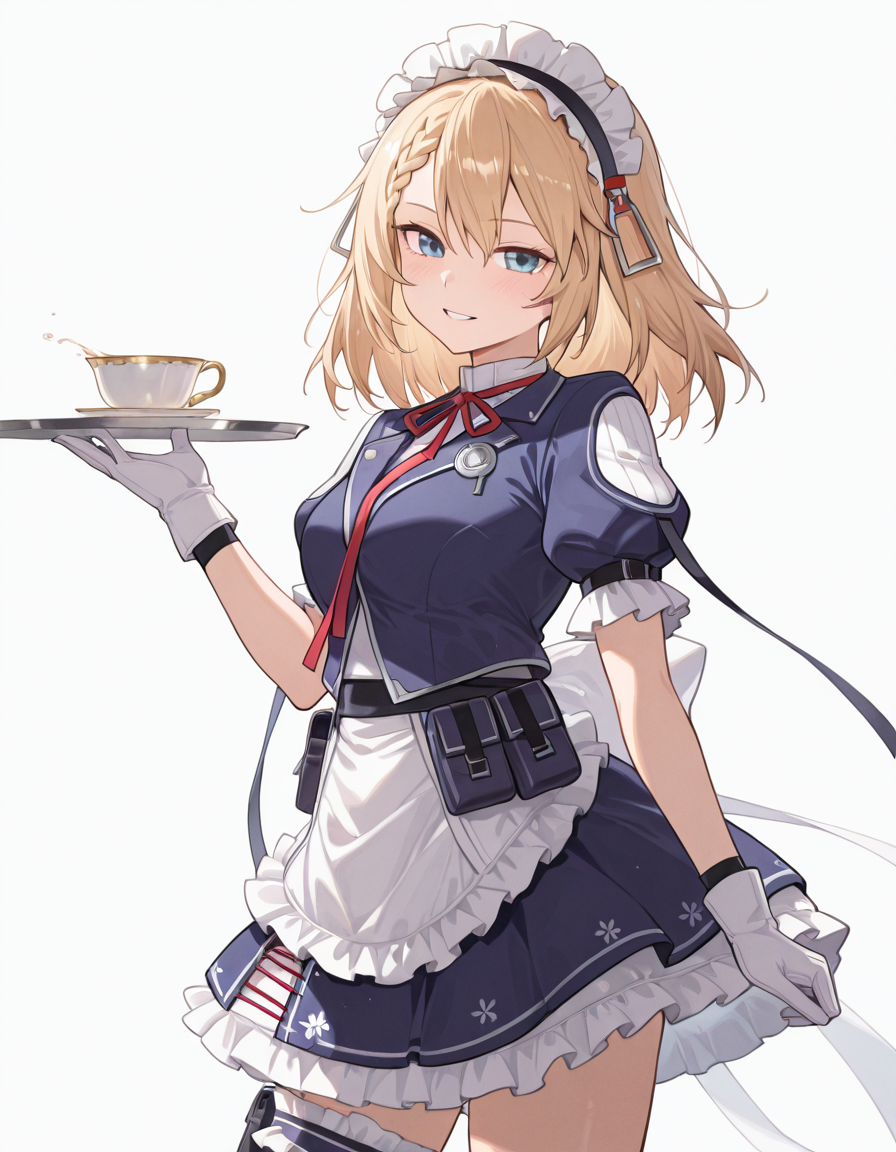 Volumetric Lighting, (masterpiece), (best quality), (ultra-detailed), masterpiece, source_anime, score_9, score_8_up, score_7_up BREAK, illustration, disheveled hair, detailed eyes, perfect composition, moist skin, intricate details, detailed eyes, detailed face, detailed fingers BREAK, G36,blonde hair, blue eyes, braided bangs, medium hair BREAK, Centauressi, ctr_dress, ctr_headdress, ctr_jacket, ctr_gloves, ctr_maid_apron, ctr_skirt, ctr_maid_headdress, ctr_bridal_garter, ctr_pouch BREAK, looking at viewer, simple background, white background,upper body, tray, pot, teacup, holding tray, smile
