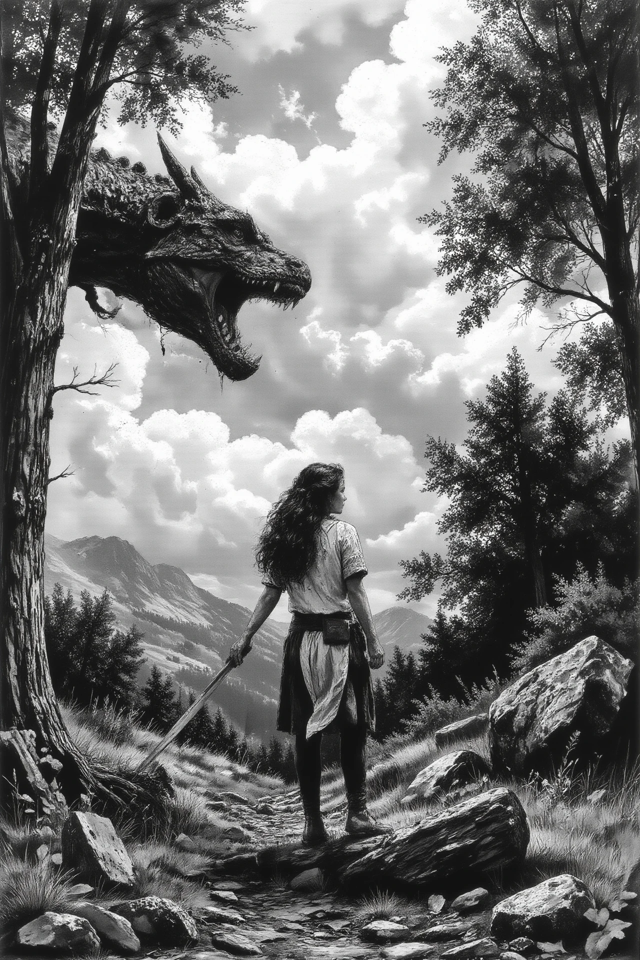 beautiful landscape, medieval warrior woman fighting a dragon with a sword,  multilayer paint splash style,  <lora:Luminous_Shadowscape:0.4> <lora:Hand v2:1> <lora:Anti-Blur:1> <lora:Insane Detail Slider:0.5>   <lora:Flux.1_Turbo_Detailer:0.6>   <lora:flux-photo-transparent_Alpha_1.0:0.8>  <lora:Wraith_BW_Flux:0.8> B&W