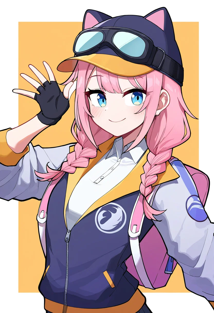 1girl,steam delivery girl,hat,pink hair,blue eyes,gloves,backpack,bag,baseball cap,goggles,fingerless gloves,jacket,braid,black gloves,cat hat,twin braids,goggles on headwear,zipper,animal ears,long sleeves,zipper pull tab,shirt,cat ears,collared shirt,white shirt,long hair,small breasts,
smile,
newest,absurdres,highres,masterpiece,best quality,year 2024,
<lora:steam_delivery_girl_NoobVpred10:1>,