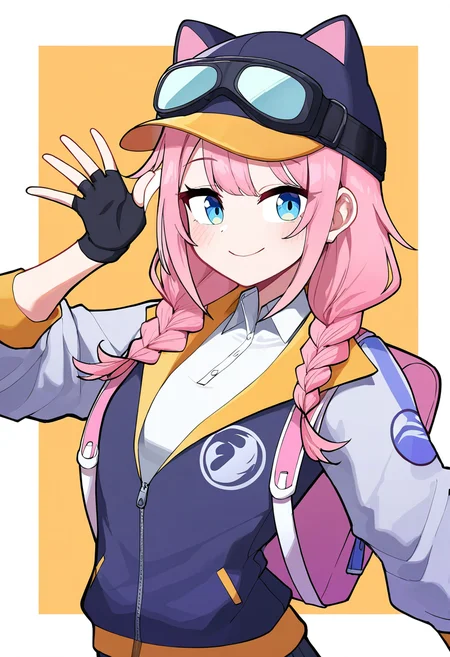 1girl,steam delivery girl,hat,pink hair,blue eyes,gloves,backpack,bag,baseball cap,goggles,fingerless gloves,jacket,braid,black gloves,cat hat,twin braids,goggles on headwear,zipper,animal ears,long sleeves,zipper pull tab,shirt,cat ears,collared shirt,white shirt,long hair,small breasts,
smile,
newest,absurdres,highres,masterpiece,best quality,year 2024,
<lora:steam_delivery_girl_NoobVpred10:1>,