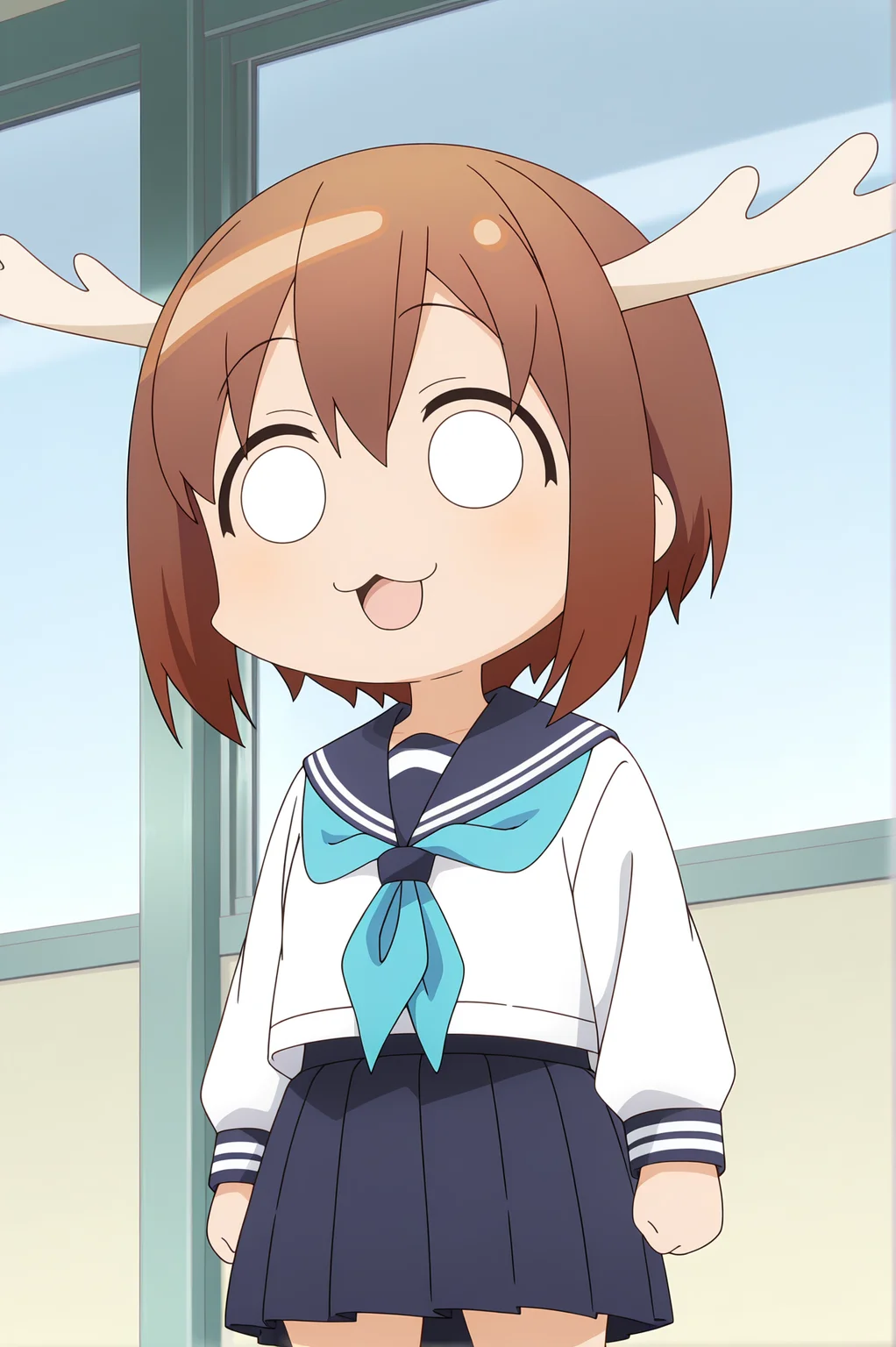 detailed background, official style,anime coloring, (anime screencap) masterpiece, detailed face,1girl <lora:Noko_Shikanoko (1):0.8>chibi_shikanoko, school uniform, brown hair, solo, antlers, serafuku, short hair, chibi, :3, skirt, neckerchief, open mouth, long sleeves
