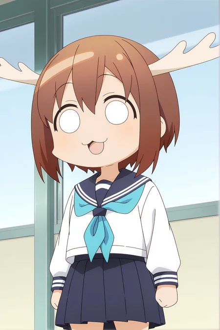 detailed background, official style,anime coloring, (anime screencap) masterpiece, detailed face,1girl <lora:Noko_Shikanoko (1):0.8>chibi_shikanoko, school uniform, brown hair, solo, antlers, serafuku, short hair, chibi, :3, skirt, neckerchief, open mouth, long sleeves