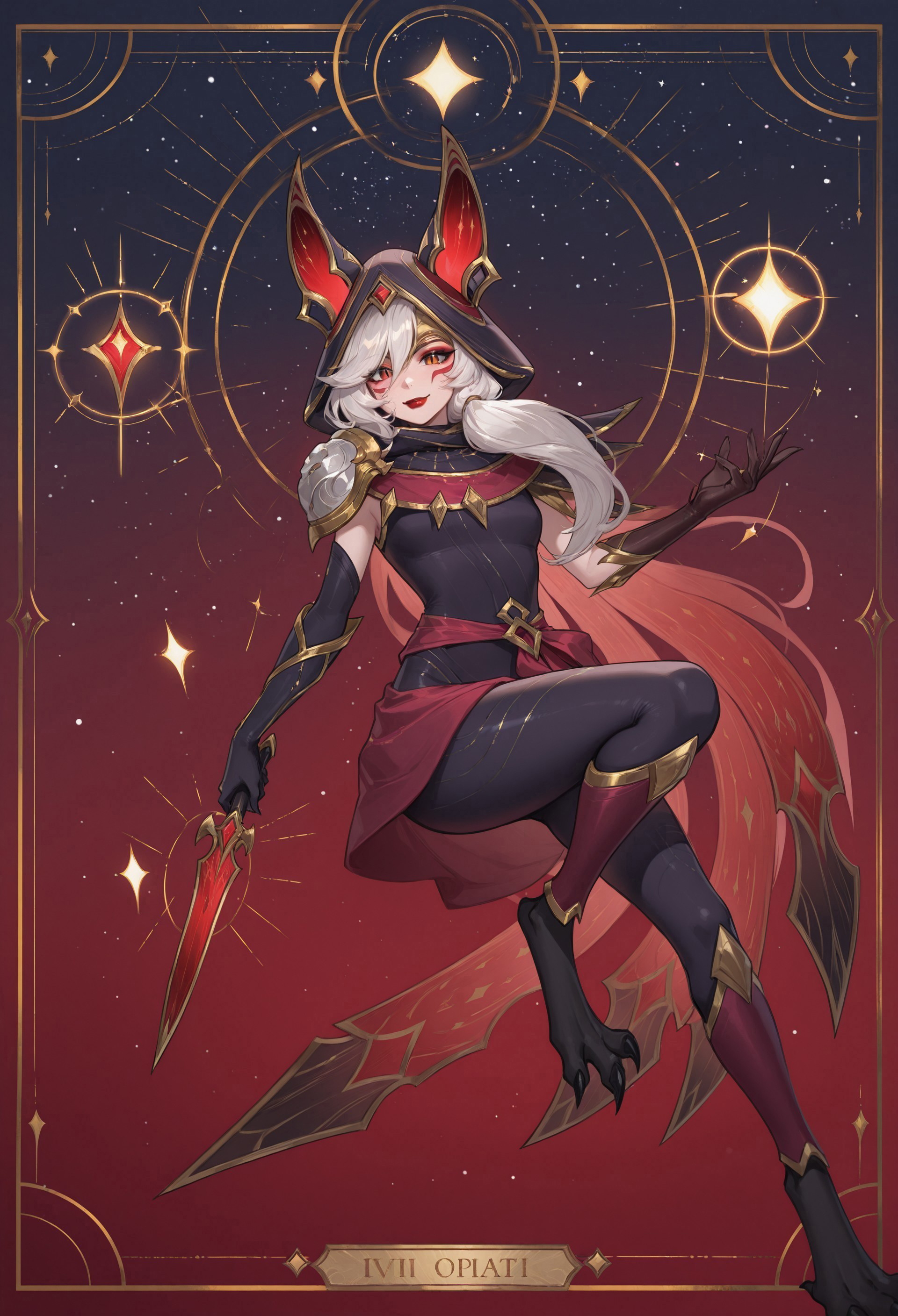 masterpiece, best quality, newest, absurdres, very aesthetic, highres, looking at viewer, LOLArcXayah, 1girl, animal ears, white hair, low side ponytail, red eyes, slit pupils, facial mark, bird legs, red lipstick, eyeshadow, forehead protector, black bodysuit, sleeveless bodysuit, hooded cape, multicolored cape, red cape, black cape, gold trim, hood up, ears through headwear, single pauldron, mismatched gloves, red waist sash, shin guards, blurry background, framed, floating, holding dagger, starry sky, sparkle, space, floating object, tarot, gradient background, knee up, smile, red theme, full body, looking at viewer