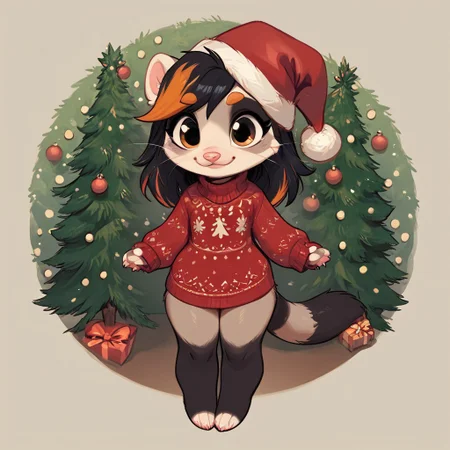 short stack female , solo , ((Ferret anthro)) , cute , full body , clothed , fluffy_new_year , merry_furistmas , christmas, hat, sweater, santa hat, gift, christmas tree ,
(background)
zPDXL3 , score_9 , score_8 , score_7 , score_6_up , highly detailed , high quality , high res , masterpiece, quality highlights, 8k detail, ultra-detailed,