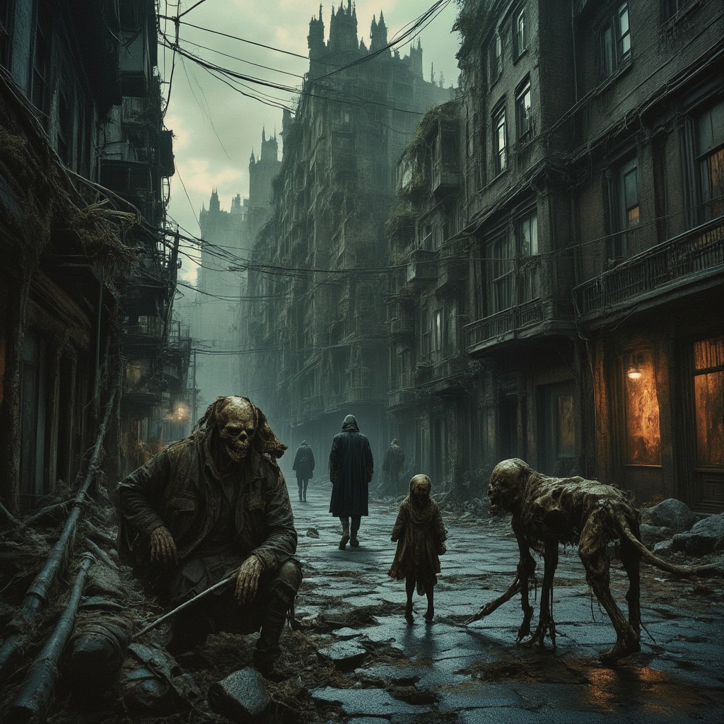 high quality, 8K Ultra HD, This artwork envisions a metropolis where elements of nightmarish surrealism converge into a scary, gore, horror scene, (zombies roaming around town:1.5), Escher's influence is subtly incorporated, transforming the city into an intricate, mind-bending spectacle, Stark contrasts between light and dark enhance the dreamlike quality of the scene, creating an unsettling yet captivating urban horrific dreamscape, photorealistic, ultra realistic