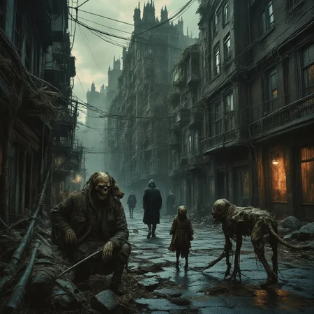 high quality, 8K Ultra HD, This artwork envisions a metropolis where elements of nightmarish surrealism converge into a scary, gore, horror scene, (zombies roaming around town:1.5), Escher's influence is subtly incorporated, transforming the city into an intricate, mind-bending spectacle, Stark contrasts between light and dark enhance the dreamlike quality of the scene, creating an unsettling yet captivating urban horrific dreamscape, photorealistic, ultra realistic