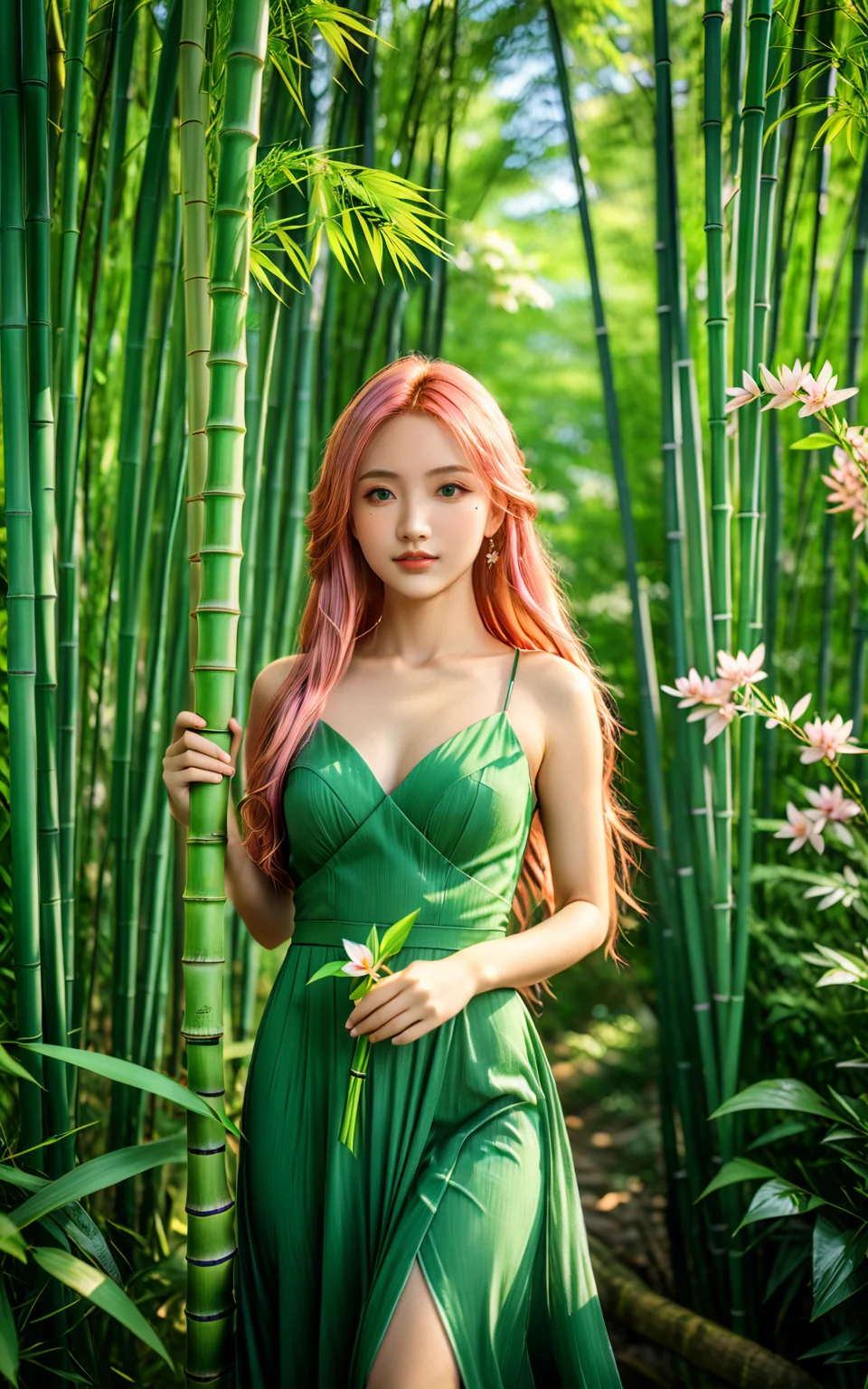 upper_body,<lora:yuukananri-base-02-XL:0.7>,yuukananri,1girl with long pink hair,happy,green eyes,wearing an elegant green long dress,holding a piece of bamboo in her hands,standing in a lush bamboo forest surrounded by vibrant flowers and greenery,realistic photography style,cinematic photo peering through the trees with depth of field blurring effect,natural light,35mm photograph,professional,4k,highly detailed,Golden hour lighting,Depth of field F2,Rule of Thirds Composition,Cinematic Lighting,(masterpiece:2),(best quality:1.1),<lora:detailed_notrigger:1>,<lora:xl_more_art-full_v1:0.9>,