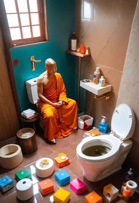breathtaking (otherworldly),highly insanely detailed,masterpiece,top quality,best quality,highres,4k,8k,RAW photo,(beautiful and aesthetic), Buddha, monk, Silhouettes of dazzling,rich colors,<lora:add_detail:0.7>,(mewkledreamy:1.1), . award-winning, professional, highly detailed, meditating, easynegative, ruanyi0181,indoors,toilet, Buddha, monk, DeepNegative_xl_v1