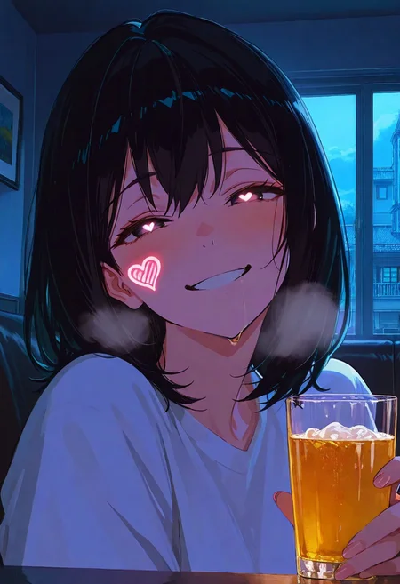 score_9, score_8_up, score_7_up, score_6_up, source_anime, incredible quality, detailed facial expressions, {masterpiece},illustration,beautiful detailed,colourful,finely detailed, intricate details,1 girl, solo, young, black hair, permed medium hair, black eyes, breath, eyes smiled, heart in pupils, half-closed eyes, glowing eyes, white shirt, erotic face, erotic smiled, UHD, masterpiece, hyper detail, super detail, anime screencap, home background, to drink, to get drunk