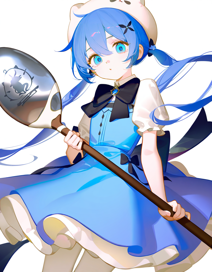 xuenai,1girl,looking at viewer,white background,blue hair,cowboy shot,simple background,<lora:xuenai-000016:1>,sitting,holding,holding spoon,oversized object,, masterpiece, best quality, very aesthetic, absurdres,newest, incredibly absurdres,, (ningen mame:0.65),(tianliang duohe fangdongye:0.9),ask \(askzy\),(chen_bin:0.748),(void 0:1.1),(nixeu:0.63),(sy4:1.3),(mignon:0.677)