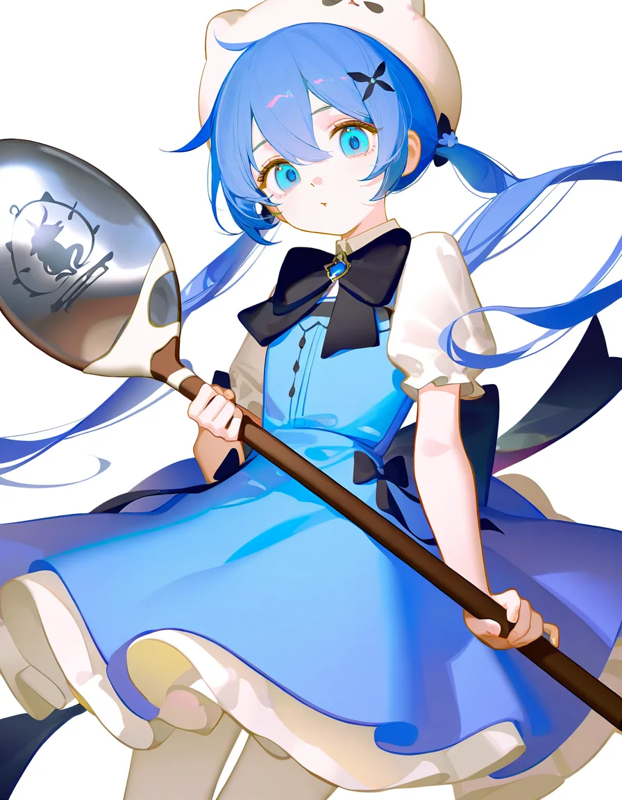 xuenai,1girl,looking at viewer,white background,blue hair,cowboy shot,simple background,<lora:xuenai-000016:1>,sitting,holding,holding spoon,oversized object,, masterpiece, best quality, very aesthetic, absurdres,newest, incredibly absurdres,, (ningen mame:0.65),(tianliang duohe fangdongye:0.9),ask \(askzy\),(chen_bin:0.748),(void 0:1.1),(nixeu:0.63),(sy4:1.3),(mignon:0.677)