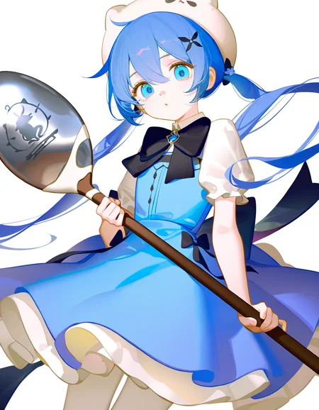 xuenai,1girl,looking at viewer,white background,blue hair,cowboy shot,simple background,<lora:xuenai-000016:1>,sitting,holding,holding spoon,oversized object,, masterpiece, best quality, very aesthetic, absurdres,newest, incredibly absurdres,, (ningen mame:0.65),(tianliang duohe fangdongye:0.9),ask \(askzy\),(chen_bin:0.748),(void 0:1.1),(nixeu:0.63),(sy4:1.3),(mignon:0.677)
