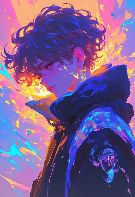 A high-resolution digital illustration of a young man with voluminous, curly hair styled in a deliberately messy fashion. He dons a sleek black jacket that partially obscures his face, adding an air of mystery. The background is a kaleidoscope of vibrant colors—saturated pink, fiery orange, deep blue, and bright yellow—forming an abstract, dynamic splash pattern that enhances the surreal, dreamlike atmosphere. The composition employs dramatic lighting to accentuate the textures of the hair and jacket, while a unique, slightly tilted perspective adds depth and intrigue to the scene. The overall aesthetic blends elements of modern street art with a touch of psychedelic influence, creating a visually captivating and emotionally evocative image.