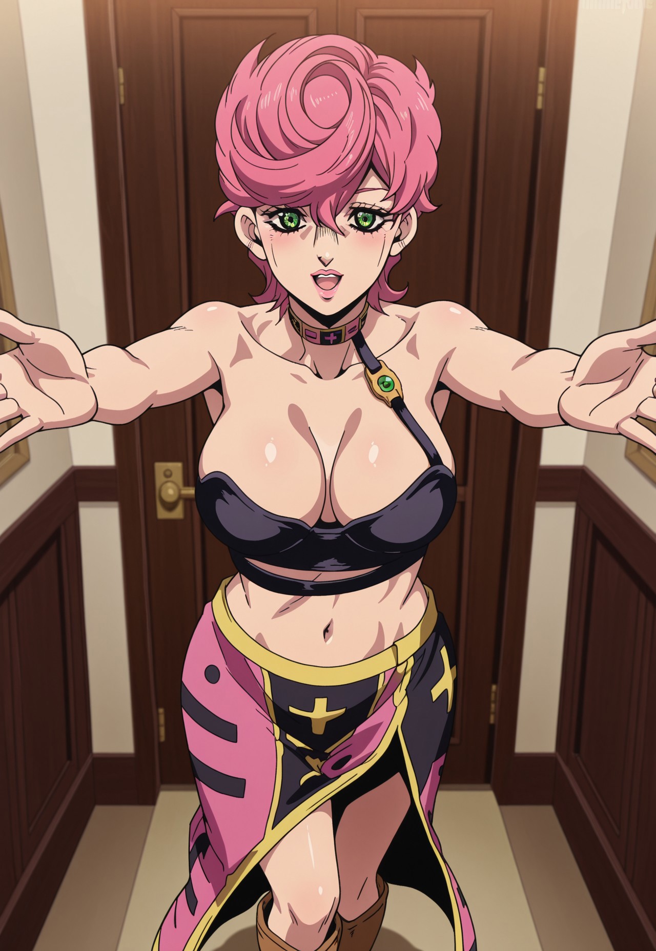 (((1girl,solo))),(masterpiece, amazing quality, best quality),very aesthetic, illustration, perfect composition, intricate details, absurdres, incredibly absurdres,(((TrishUna,Official Style, Anime Coloring,Pink Hair, Green Eyes, Pink Lips, Choker, Black Bra, Single Bra Strap, Big Breasts, Cleavage, Bare Shoulders, Skirt, Long Skirt, Pink Skirt, Black Skirt, Multicolored Skirt, Mathematical Pattern, Kneehigh Boots, Brown Boots))),cowboy shot,blush,indoors,bedroom,looking at viewer,arms reaching out for viewer,imminent hug,smile,open mouth,teeth,sfw