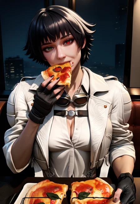 masterpiece, best quality, newest, hdr, night, indoors, restaurant, pov across table, looking at viewer, eating, holding pizza, pizza slice, food on face, food, 1girl, solo,
ad1yd, short hair, black hair, bangs, heterochromia, red eyes, green eyes, goggles, goggles around neck, white shirt, cropped jacket, white jacket, long sleeves, sleeves rolled up, black gloves, fingerless gloves,
<lora:Lady DMC 5 Illustrious:1>