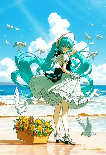 4c2e88df6ef0f94b8ecae977ed4a6ed2, 1girl, solo, long hair, looking at viewer, smile, blue eyes, holding bow, hair between eyes, twintails, standing, blue hair, full body, flower, short sleeves, outdoors, frills, sky, day, puffy sleeves, looking back, cloud, white gloves, water, aqua eyes, wrist cuffs, black bow, floating hair, shadow, white headwear, bird, ocean, beach, sandals, white flower, sunlight, cloudy sky, sun hat, yellow flower, bouquet, sand, skirt hold, horizon, sunflower, back bow, basket, waves, waist bow, orange flower, shore, seagull, daisy, dove, flock, cumulonimbus cloud, hatsune miku <lora:KonyaKarasueBlueSky:0.8>