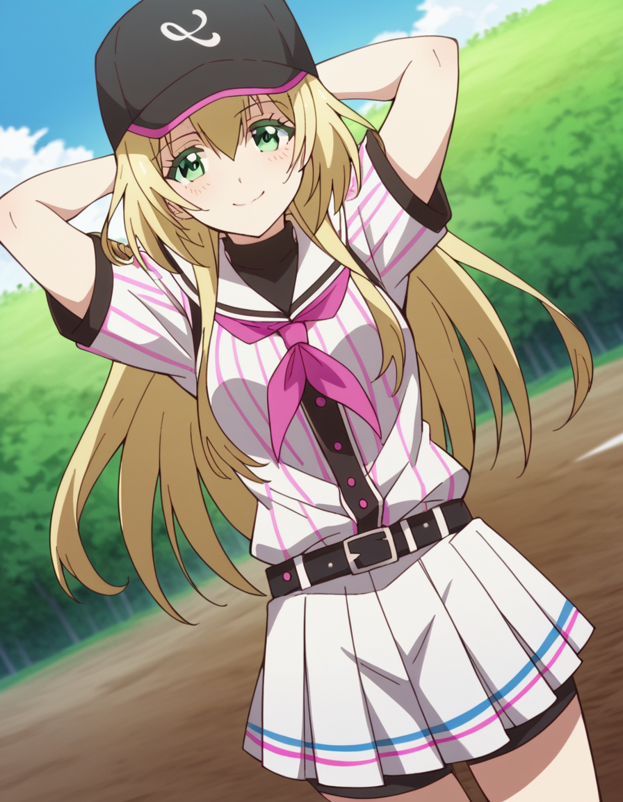 score_9, score_8_up, score_7_up, source_anime, <lora:yuki-nozaki-s1-ponyxl-lora-nochekaiser:1>, yuki nozaki, long hair, blonde hair, hair between eyes, green eyes, sidelocks,, skirt, shirt, hat, short sleeves, pleated skirt, striped, belt, sailor collar, neckerchief, black headwear, white skirt, baseball cap, vertical stripes, black belt, striped shirt, sportswear, vertical-striped shirt, baseball uniform,, path, dirt, nature, walk, plants, smile, hands behind head,, looking at viewer, solo,, dutch angle, cowboy shot