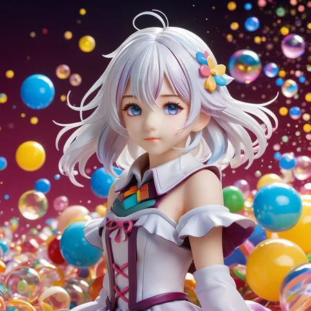 <lora:PVC:1>ï¼PVC figure,rendering,
(((masterpiece))),(((best quality))),((ultra-detailed)),(illustration),(dynamic angle),
((floating)),(paint),((disheveled hair)),
(solo),(1girl), little girl, ((small_breasts)), (((detailed anima face))),((beautiful detailed face)),collar,bare shoulders,
white hair, ((colorful hair)),((streaked hair)),
beautiful detailed eyes,(Gradient color eyes),(((colorful eyes))),closed-up,
(((colorful background))),(((high saturation))),(((surrounded by colorful splashes))),(((surrounded by colorful dot))),colorful bubble,((shining)) ,child,
((young,little girl,cute,little girl face))