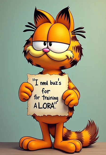 A Garfield standing and holding paper with text: “I need buzz’s for training a LoRA”