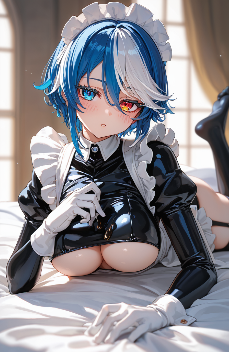 (score_9, score_8_up, score_8, score_9, ASCII score_9), (source_anime), (masterpiece best quality), (beautiful atmosphere), (depth field, 8K, UHD), (sharp eyelid, sharp eyelashes, thick eyelashes, long eyelashes), (beautiful skin, beautiful face), (curvaceous figure), (perfect anatomy), (beautiful detailed face, beautiful oval face), (detailed embroidery), (sharp out line), (perfect hands), foreshortening, skin dentation, Visual Representation, sense of movement, detailed backgrounds, cinematic scene, looking at viewer
1gilrs, solo, blue eyes, blue hair, multicolored hair, heterochromia, odd eyes, white hair, streaked hair, (bodysuit, gloves, maid, maid apron, underboob, cutout, garter straps, black thighhighs, white gloves, latex, oil skin, on stomach, face, spread legs, thighs, feet out of frame, crouch, bend down, indoors, bed, on bed, bed sheet, from front, portrait, heart drop, parted lips, blush,