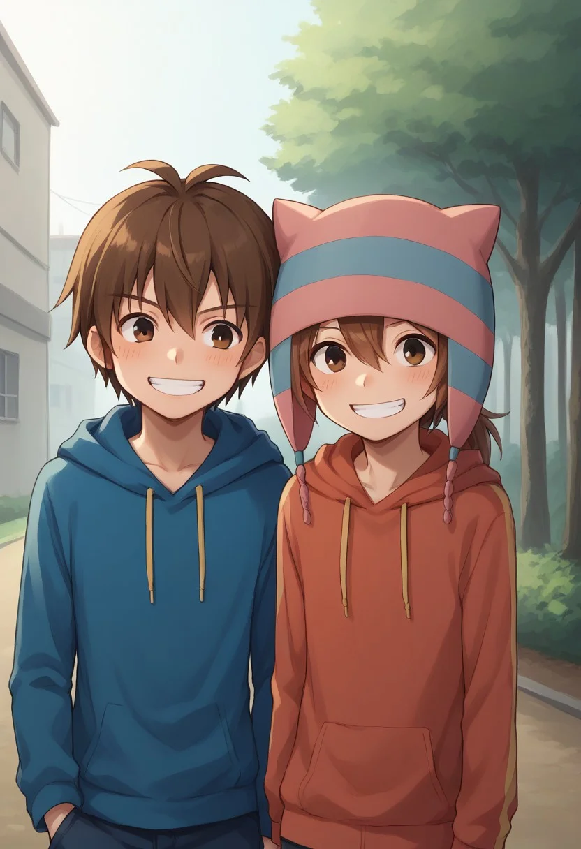 score_9, score_8_up, score_7_up, source_anime, highly detailed, 2boys,
matsuno, 1boy, male focus, brown hair, ponytail black eyes, hat, animal hat, grin, hoodie,BREAK
handa, 1boy, male focus, brown hair, hair between eyes, brown eyes,  hat, animal hat, smile, embarassed, hoodie, BREAK
outdoor,