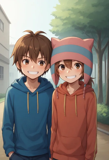 score_9, score_8_up, score_7_up, source_anime, highly detailed, 2boys,
matsuno, 1boy, male focus, brown hair, ponytail black eyes, hat, animal hat, grin, hoodie,BREAK
handa, 1boy, male focus, brown hair, hair between eyes, brown eyes, hat, animal hat, smile, embarassed, hoodie, BREAK
outdoor,