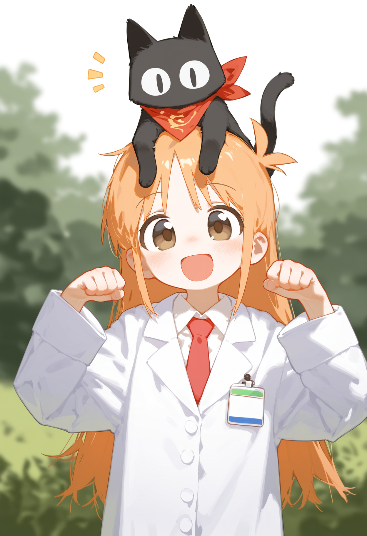 E_0x0194_type5,
1girl, solo, long hair, looking at viewer, blush, smile, open mouth, shirt, long sleeves, brown eyes, white shirt, upper body, :d, outdoors, necktie, collared shirt, orange hair, blurry, blurry background, animal, cat, red necktie, paw pose, lab coat, bandana, on head, black cat, animal on head, red bandana
, masterpiece, best quality, good quality,
<lora:ai_styles_collection_noob_eps-1.1-v5:1>