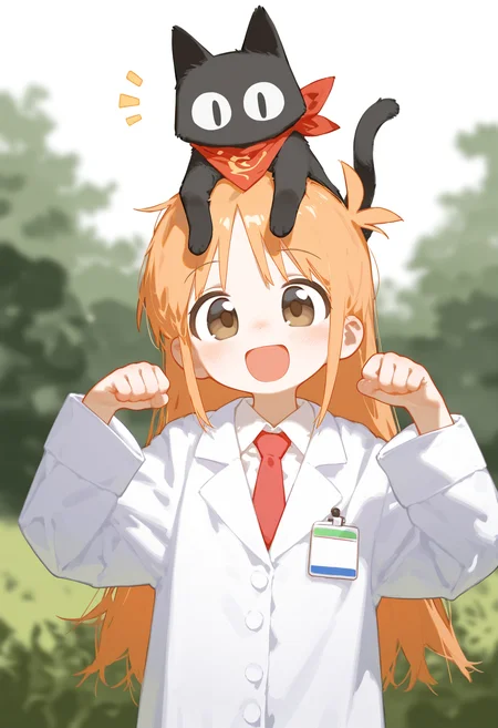 E_0x0194_type5,
1girl, solo, long hair, looking at viewer, blush, smile, open mouth, shirt, long sleeves, brown eyes, white shirt, upper body, :d, outdoors, necktie, collared shirt, orange hair, blurry, blurry background, animal, cat, red necktie, paw pose, lab coat, bandana, on head, black cat, animal on head, red bandana
, masterpiece, best quality, good quality,
<lora:ai_styles_collection_noob_eps-1.1-v5:1>