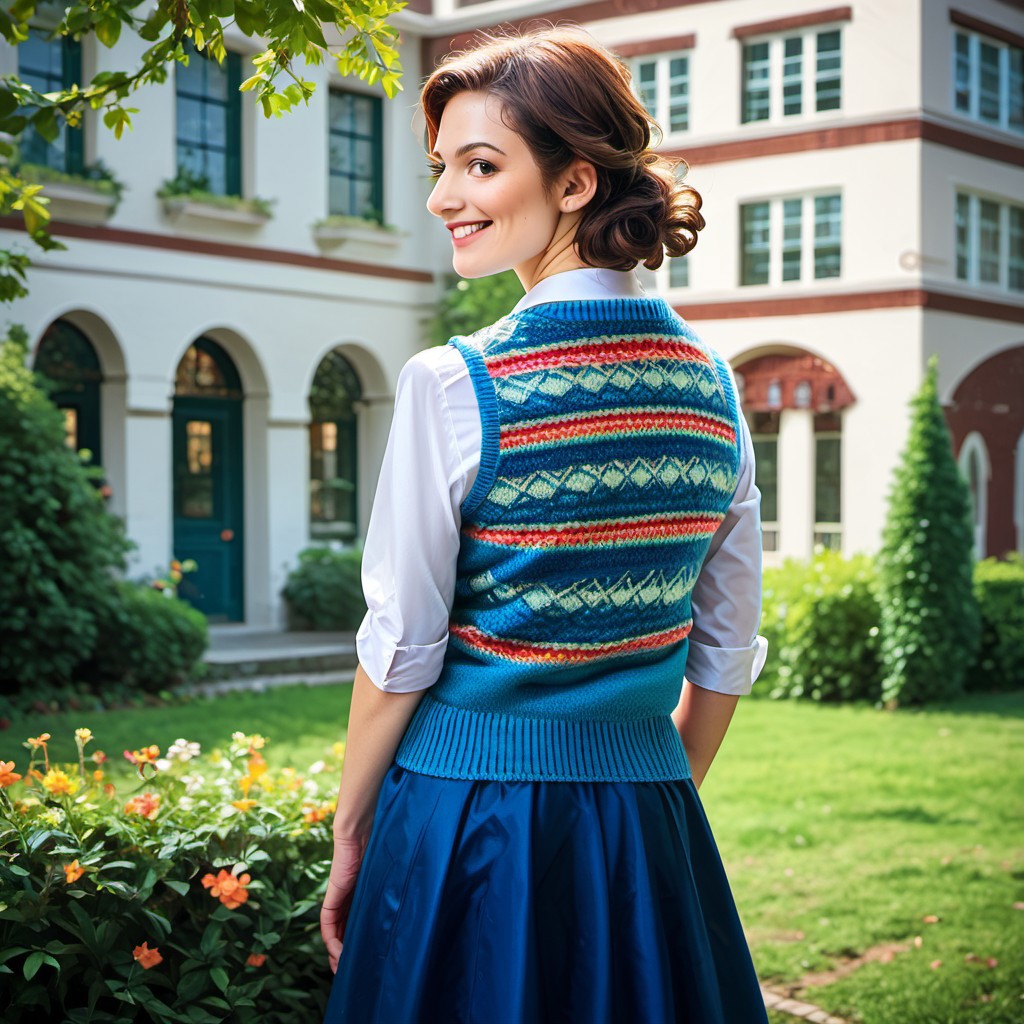 (Score_9_up, score_8_up, score_7_up, masterpiece, newest, high quality, best quality, very awa, very aesthetic, ultra detailed, realistic), hyperrealistic, (UHD quality details), fair_isle_pattern, from behind, 1girl, standing, fair_isle vest, brown hair, short hair, looking back, smile, outdoors, blue sweater vest, skirt, building, depth of field, 8k uhd, absurdres, volumetric lighting, tack sharp focus, beautiful composition, intricate detail, professional illustration