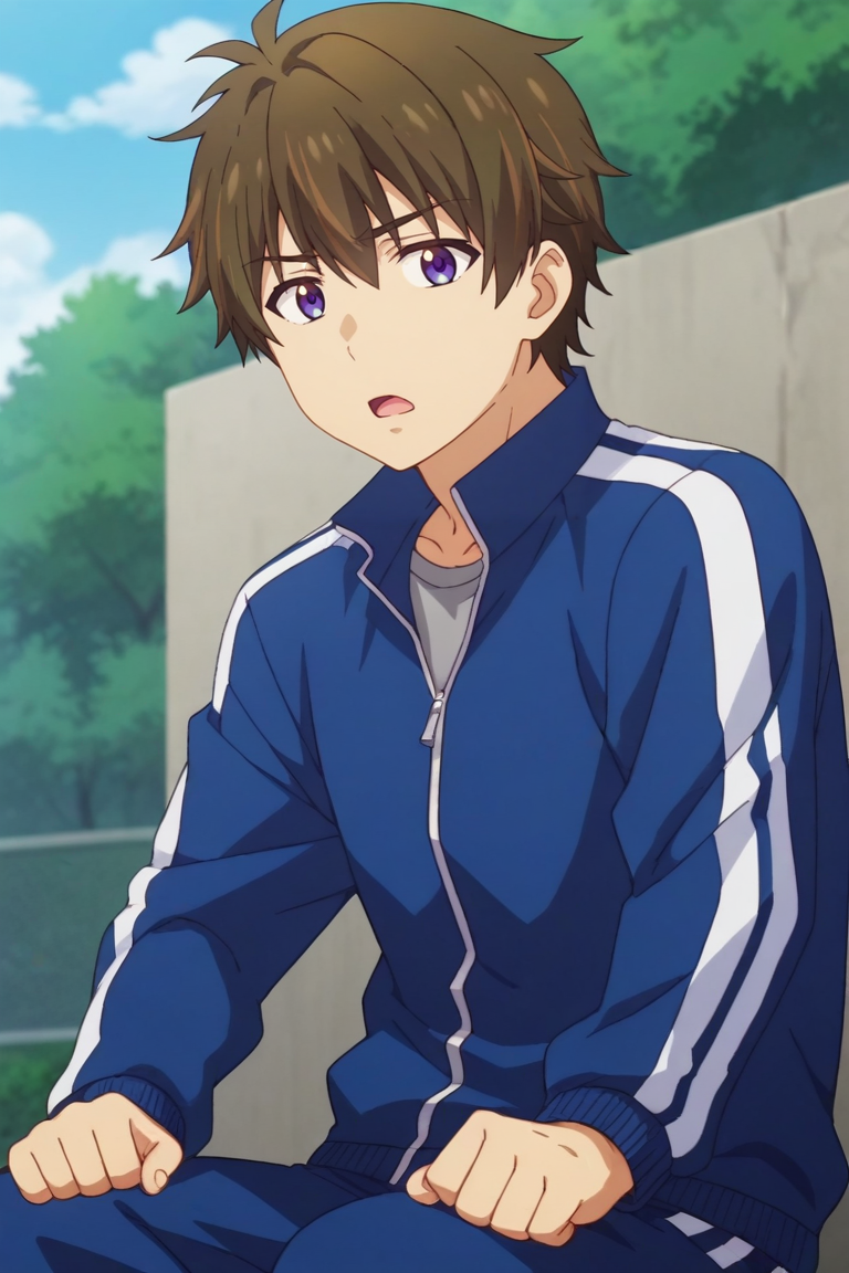 score_9, score_8_up, score_7_up,source_anime,BREAK, rating_safe, intricate details , , , anime screencap, anime coloring, official style, depth of field,1boy, solo, male focus , , ,  <lora:wataru:0.73>, wataru sajo,dark brown hair,purple eyes,short hair,open mouth, shirt, jacket, outdoors, pants, day, grey shirt, multicolored jacket,zip up,track jacket, blue pants,sport uniform,clench hands, track suit, track pants,sitting,looking at viewer,from below,
 , , ,<lora:sdxl_lightning_8step_lora_315544:1>