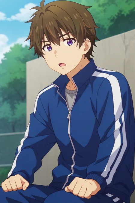 score_9, score_8_up, score_7_up,source_anime,BREAK, rating_safe, intricate details , , , anime screencap, anime coloring, official style, depth of field,1boy, solo, male focus , , ,  <lora:wataru:0.73>, wataru sajo,dark brown hair,purple eyes,short hair,open mouth, shirt, jacket, outdoors, pants, day, grey shirt, multicolored jacket,zip up,track jacket, blue pants,sport uniform,clench hands, track suit, track pants,sitting,looking at viewer,from below,
 , , ,<lora:sdxl_lightning_8step_lora_315544:1>